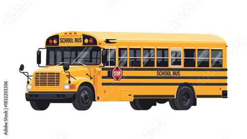 Yellow school bus with School Bus and stop sign side view