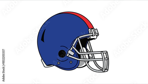 A blue football helmet with a red stripe and silver face mask sits on a white background
