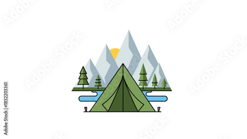 A camping scene featuring a tent mountains trees water and a sun in a stylized cartoonish design