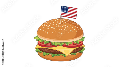 A cartoon hamburger with an American flag on top