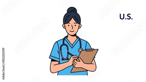 A cartoon nurse with a stethoscope holds a clipboard and pen next to US