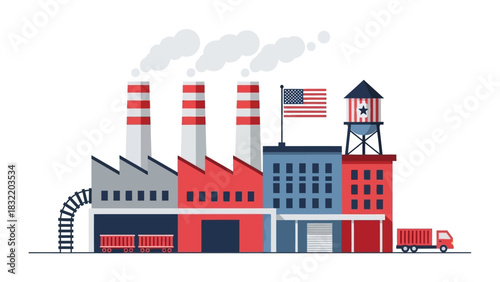 A flat illustration shows an American factory with smokestacks rail water tower truck and flag