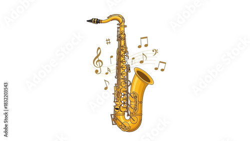 A golden saxophone adorned with musical notes stands prominently on a white background