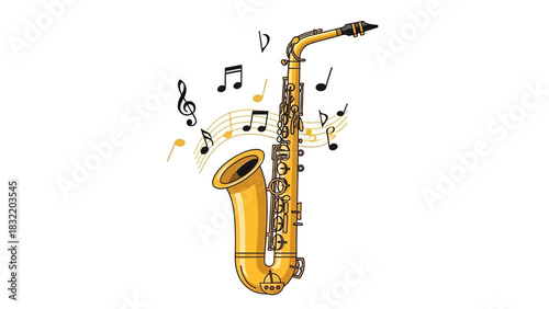 A gold saxophone is encircled by musical notes on a white background