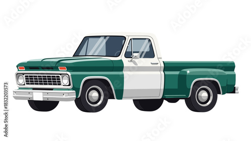 A green and white vintage pickup truck is positioned sideways on a white background