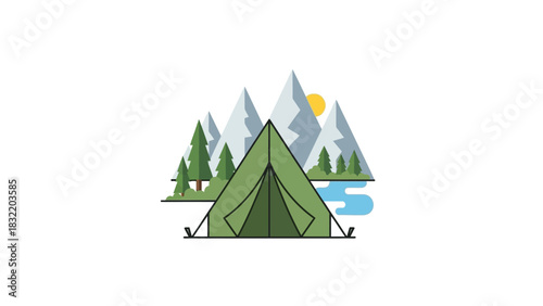 A green tent stands before mountains trees and a small blue lake under a bright yellow sun