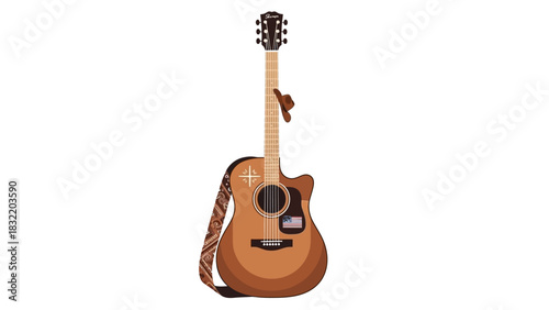 A guitar with an American flag near the soundhole a strap and a tiny cowboy hat near the headstock
