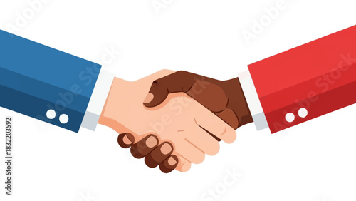 A handshake between two people one with pale skin and a blue suit and the other with dark skin and a red suit