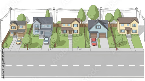 A neighborhood street featuring houses cars lawns sidewalks and overhead power lines