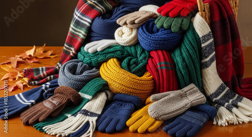 A collection of colorful winter accessories including gloves and scarves arranged on a wooden surface with autumn leaves.