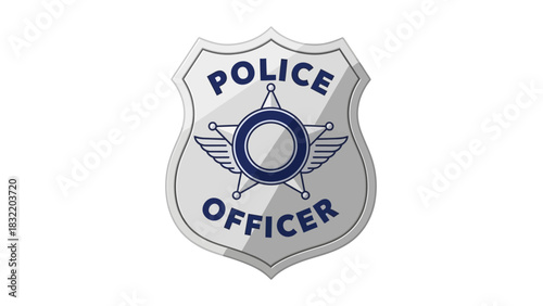 A silver police badge with POLICE OFFICER text star and wings on a white background