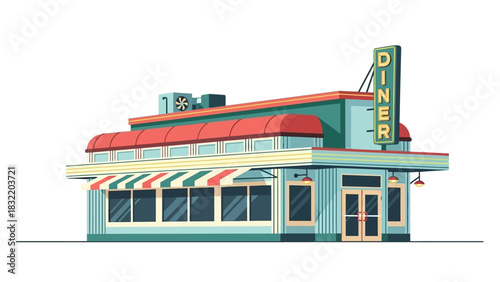 A retro diner with awning signage AC unit doors and windows