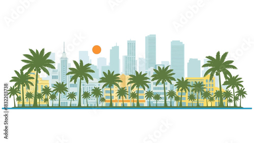 A skyline of buildings including skyscrapers is framed by silhouetted palm trees with a setting sun in the background