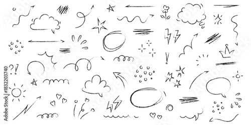 Hand drawn line chalk brush stroke arrow icon set. Chalk crayon underline, check mark, scribble and texture in rough hand sketch style. Drawn heart, frame, star design shapes. Vector illustration