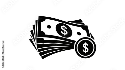 A stack of bills and a coin with a dollar sign on it