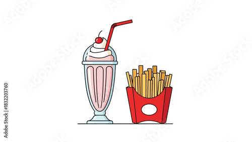 A strawberry milkshake and french fries cartoon sit sidebyside on a white background