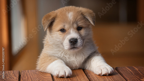 Cucciolo di cane che si è appoggiato al tavolo
