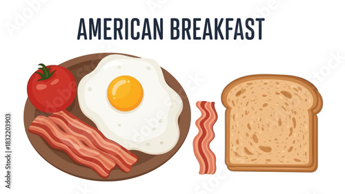 American breakfast illustration egg bacon tomato toast on a plate