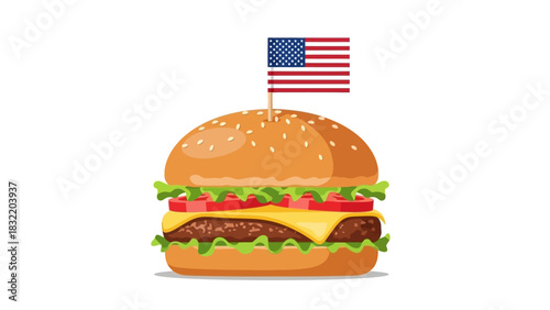 An animated burger topped with an American flag skewer featuring layers of lettuce tomato cheese and a patty