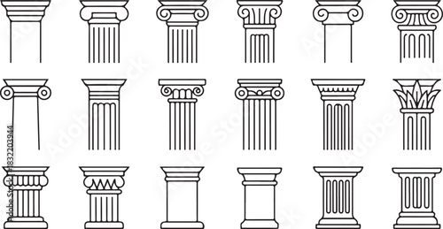 Collection of diverse classical architectural column styles in black and white line art