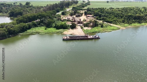 panoramic shot on Dredger, boat or vessel known for removing sand from the riverbed.