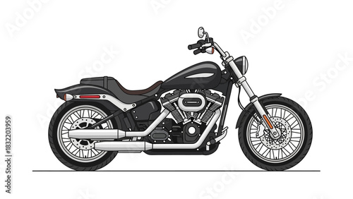 An illustration of a motorcycle with a low seat  spoked wheels resting on a flat surface
