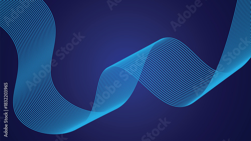 Abstract Dark Gradient Background with Smooth Flowing Neon Blue Wave Lines and Modern Curved Minimal Linear Motion Design