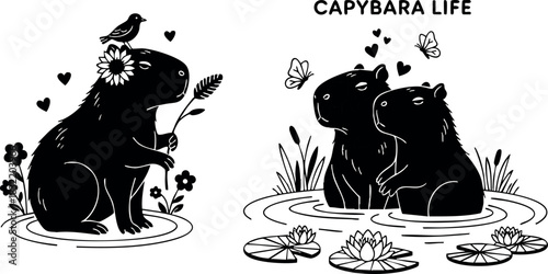 Cute flat design capybara life vector art with sunflower flower crown, bird and loving couple relaxing in pond with lilies and butterflies, simple black silhouette style