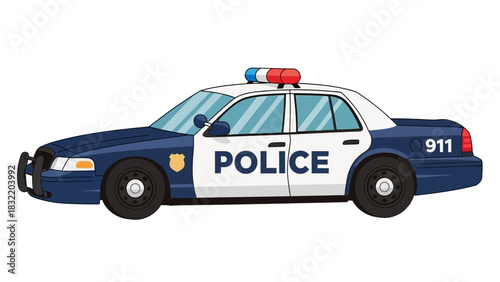 Animated police car blue  white with POLICE printed on the side and 911 on the trunk