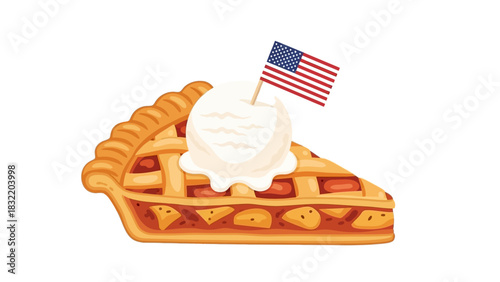 Apple pie slice topped with ice cream and an American flag pick isolated on white