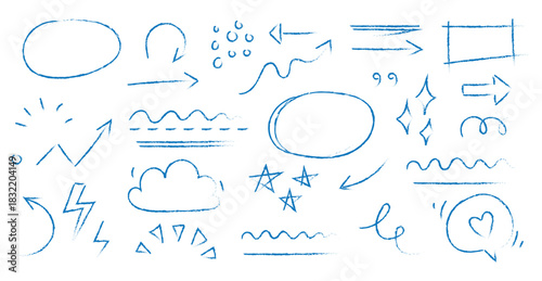 Line chalk arrow, frame, underline sketch elements on blackboard. Hand drawn crayon pencil, texture brush stroke scribble doodle chalkboard elements . Marker arrow, sketch square. Vector illustration 