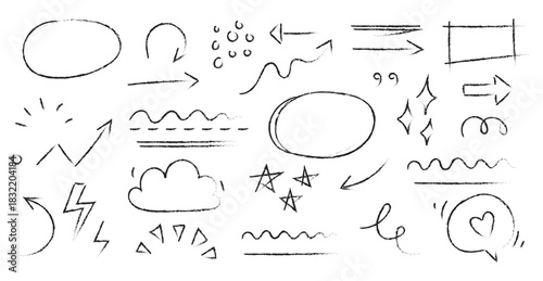 Line chalk arrow, frame, underline sketch elements on blackboard. Hand drawn crayon pencil, texture brush stroke scribble doodle chalkboard elements . Marker arrow, sketch square. Vector illustration 