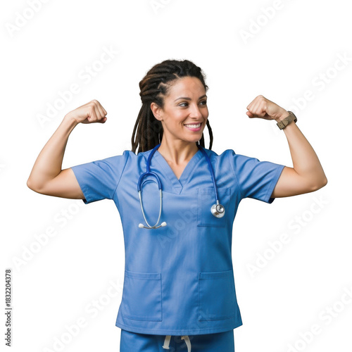 Smiling female nurse flexing biceps isolated on transparent background