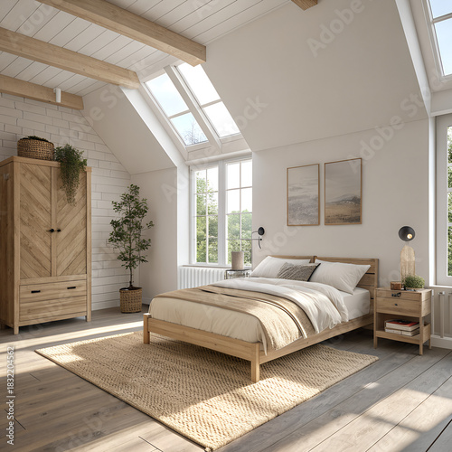 Bright and airy attic bedroom with natural light and wooden furniture