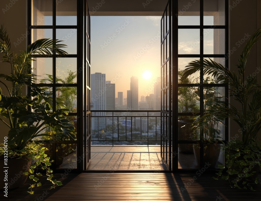 Obraz premium Cityscape view from an open balcony at sunset.