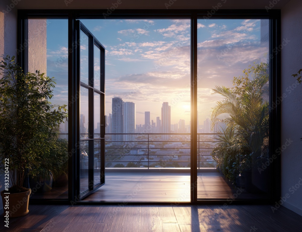 Fototapeta premium Cityscape View from Balcony at Sunset with Open Door.