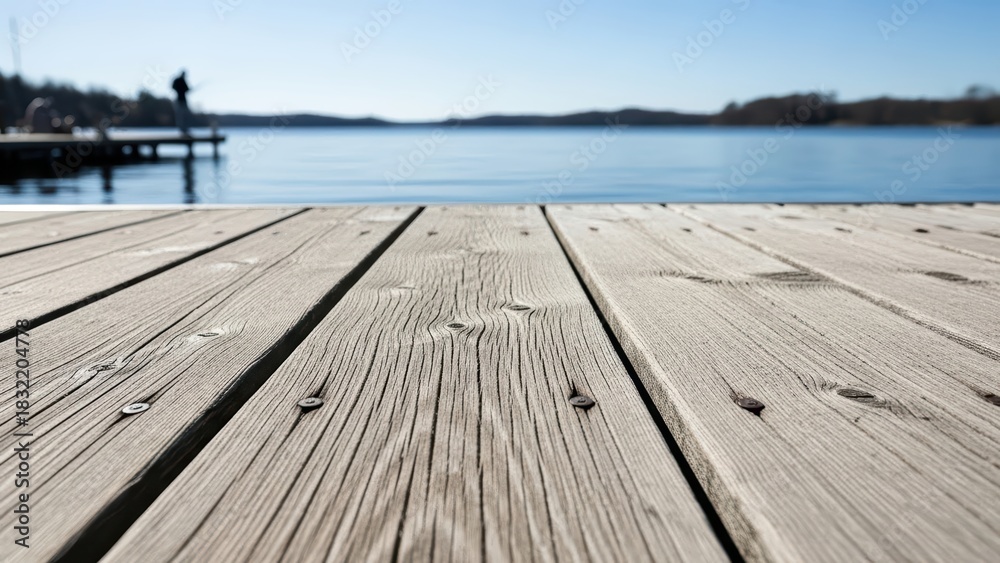 Fototapeta premium Tranquil lakeside view with wooden dock and clear blue sky