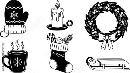 Monochrome flat design christmas icons set with mitten, candle, wreath, hot cocoa mug, candy filled stocking and wooden sled in simple winter holiday style