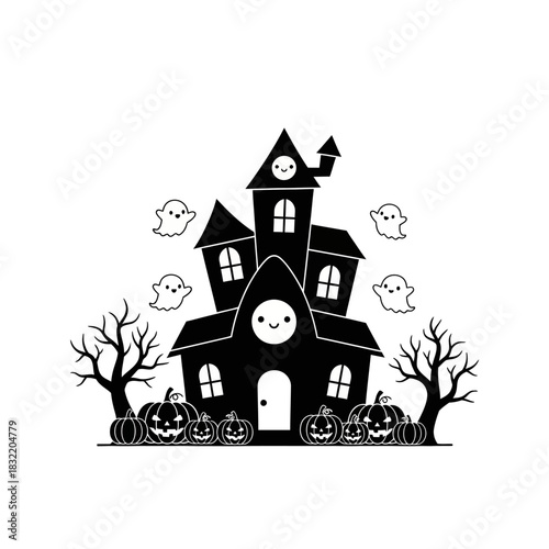Cute black and white haunted house illustration with ghosts and pumpkins