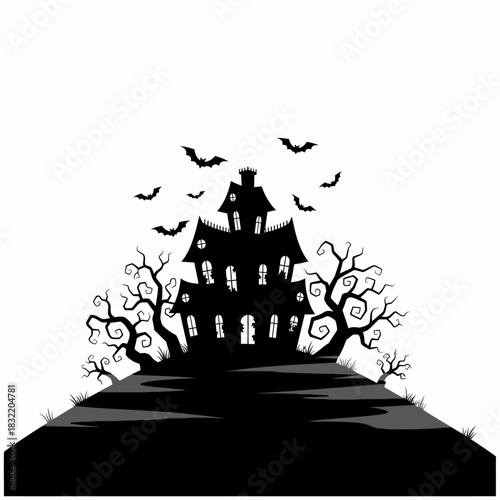 Silhouette of a spooky haunted house with bare trees and flying bats