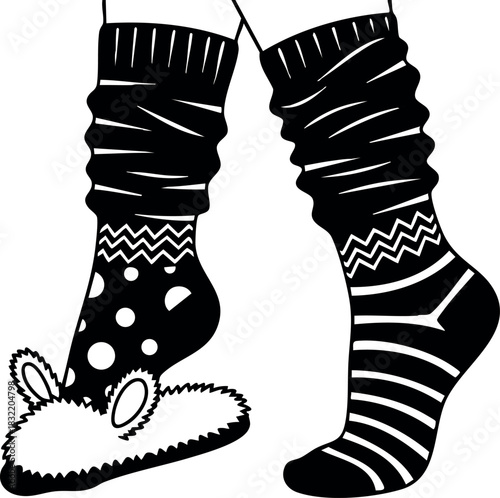 Monochrome flat design of mismatched cozy socks and fluffy bunny slipper on feet, side view winter loungewear illustration with playful stripes and polka dots
