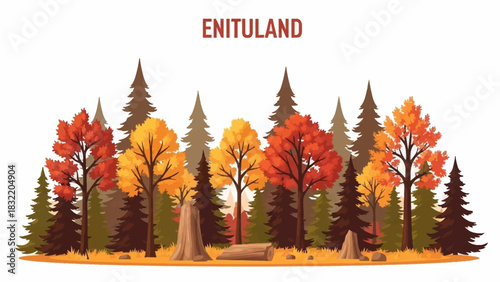 Autumn landscape with mixed trees under the word ENITULAND
