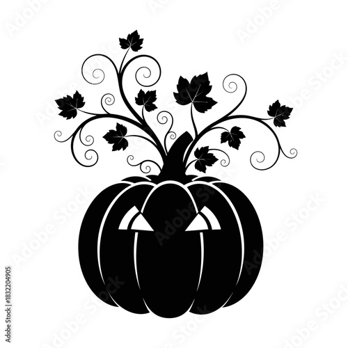Black silhouette of a carved pumpkin with ornate swirling vine and leaf detail