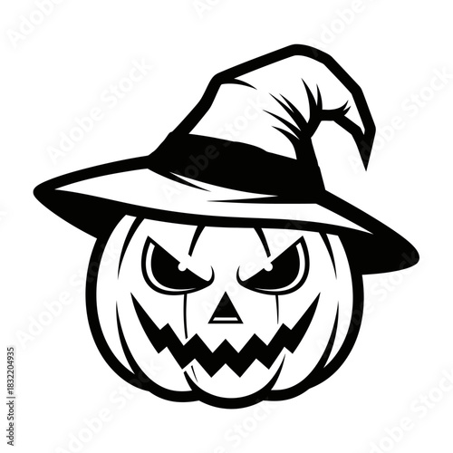 Black and white illustration of a scary jack o lantern wearing a witch hat