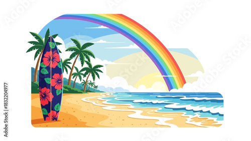 Beach scene with a surfboard palm trees rainbow and ocean waves