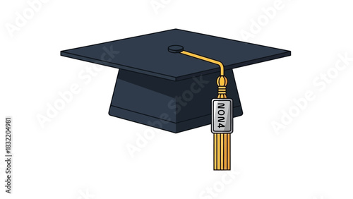 Black graduation cap with golden tassel and a tag that reads NON4