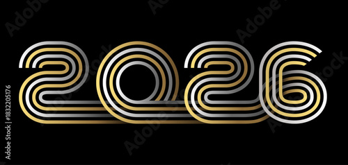 2026 - Bannière graphique pour le nouvel an réalisée avec des chiffres formés de plusieurs lignes or et argent sur fond noir.