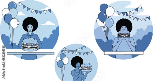 People with afros enjoy burgers at a party with balloons and festive decorations on transparent background