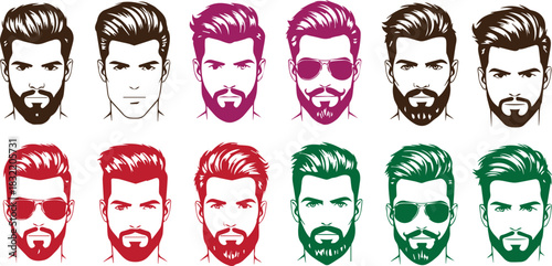 Pixelated diverse men with beards and hairstyles in a retro gaming aesthetic on transparent background