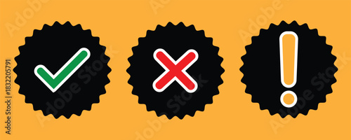 Check mark cross exclamation mark icons on black starbursts symbols
